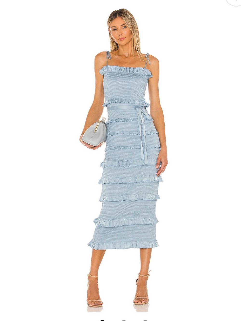 V. Chapman Cashmere Blue Ruffle-Tier Midi Dress